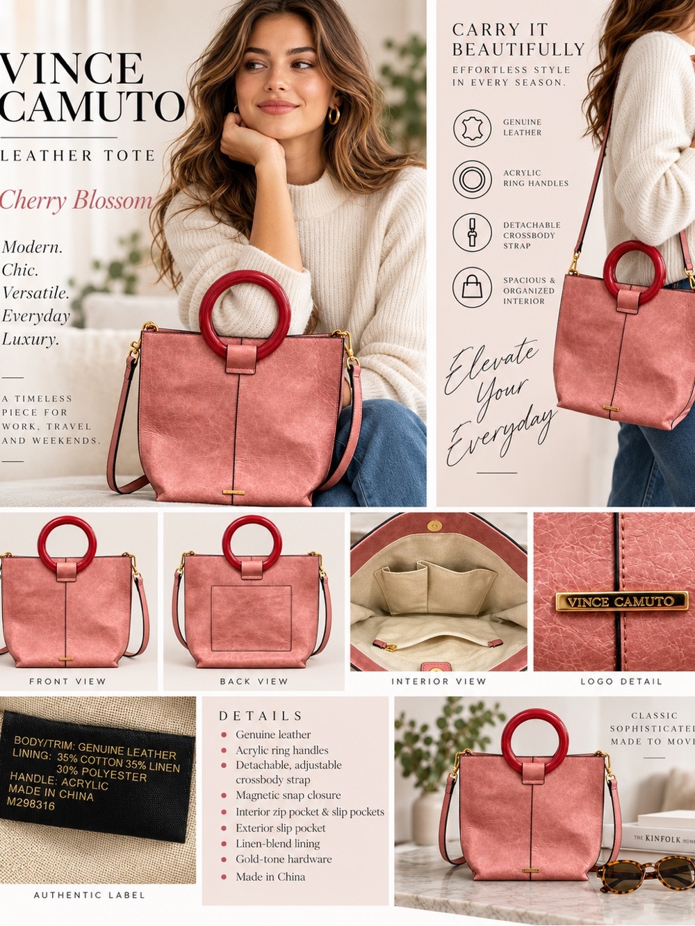 Vince Camuto Cherry Blossom Pink Leather Tote with Red Ring Handles